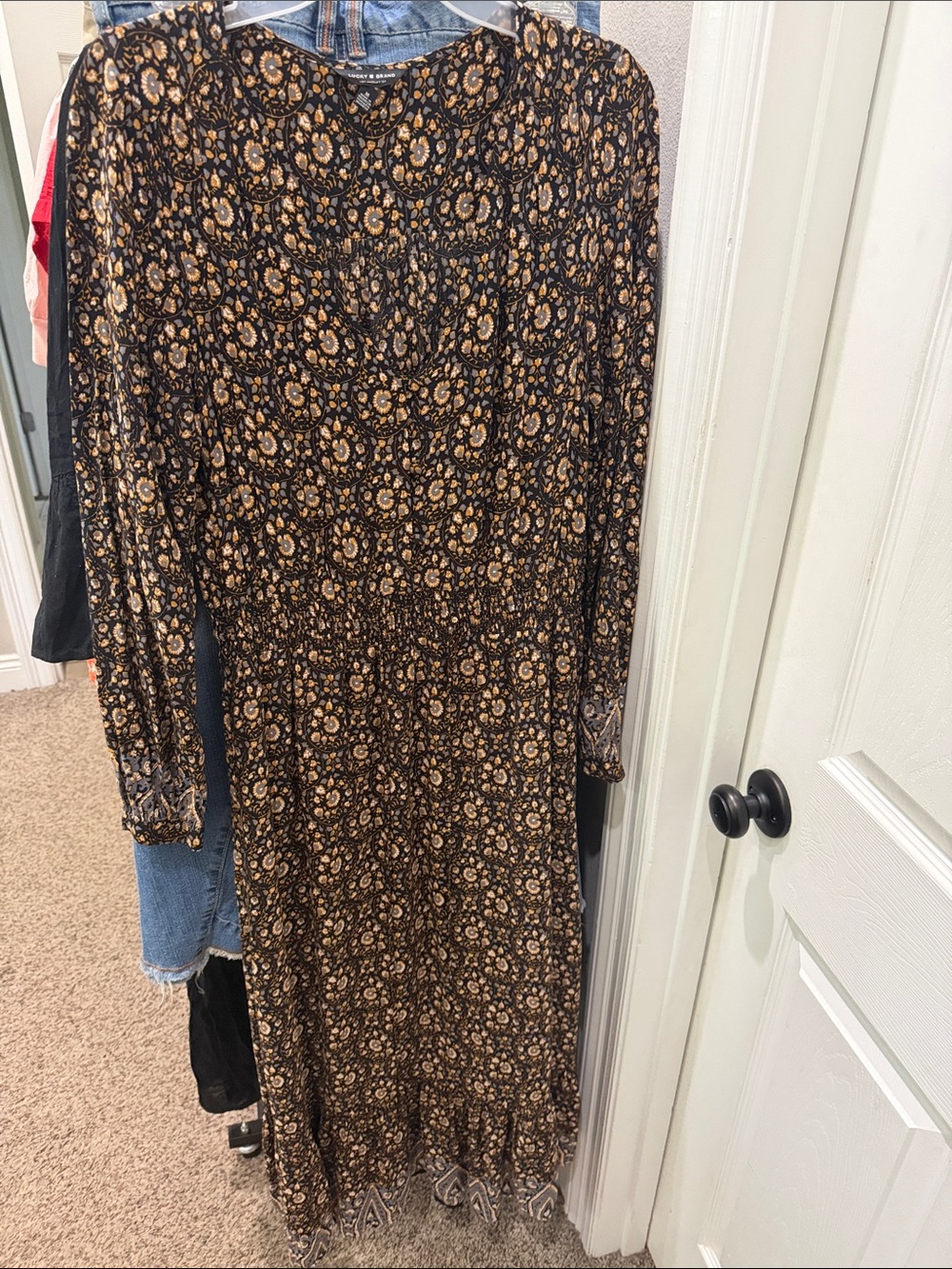 Lucky Brand Black and Tan Floral Midi Dress
